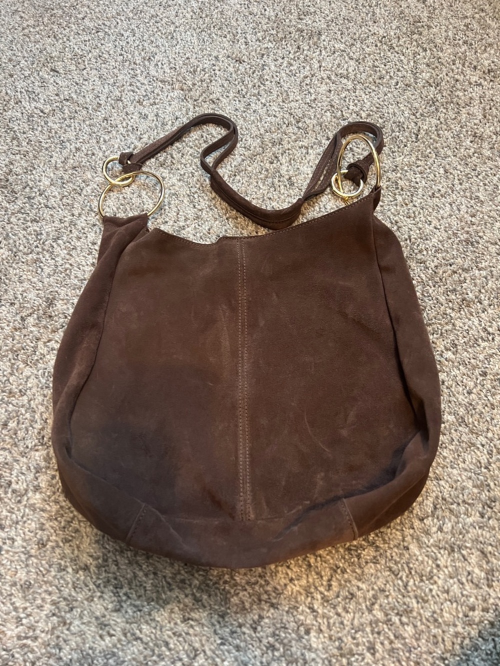 Women’s Brown Suede Hobo Bag with Gold Rings